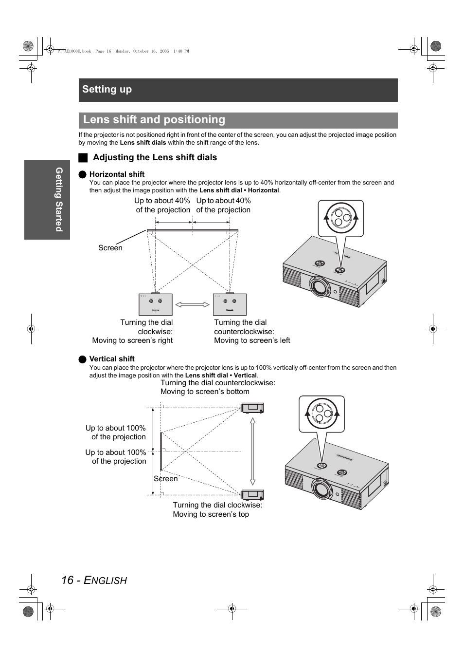 16 - e, Lens shift and positioning, Setting up | Panasonic PT-AE1000U User Manual | Page 16 / 56
