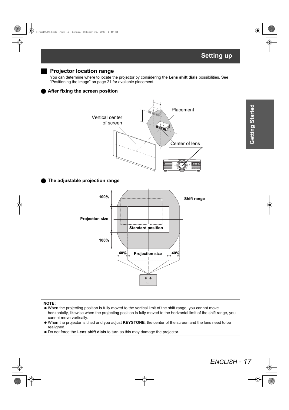 Setting up, Nglish, Getting started j projector location range | Panasonic PT-AE1000U User Manual | Page 17 / 56