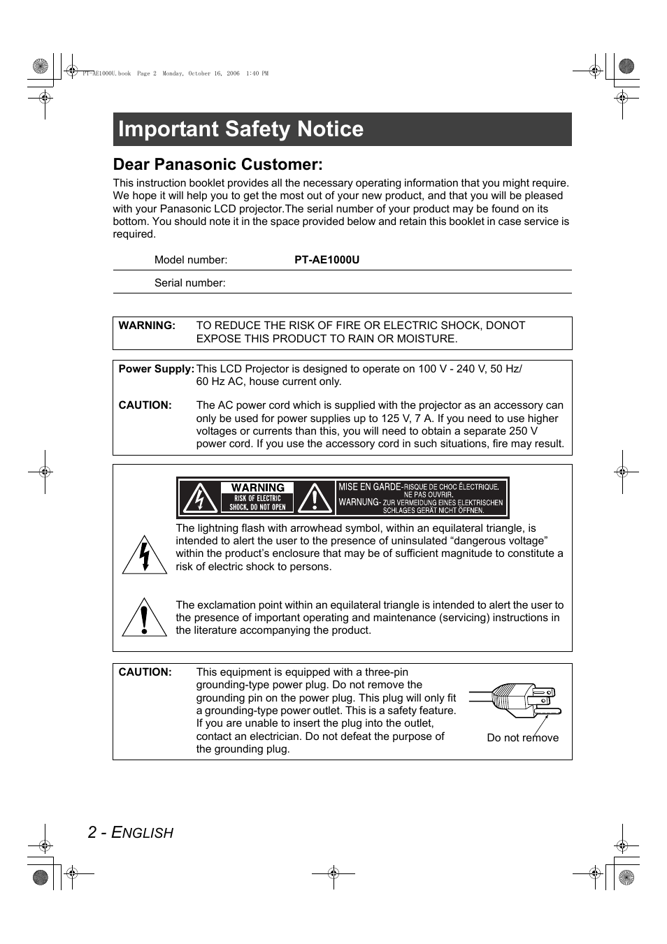 Important safety notice, 2 - e, Dear panasonic customer | Panasonic PT-AE1000U User Manual | Page 2 / 56