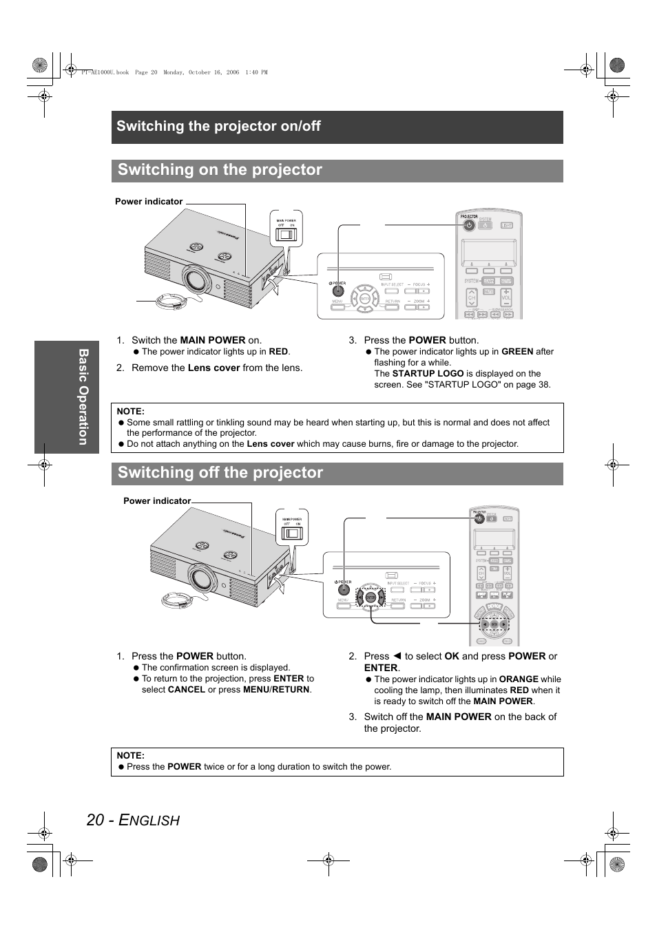 20 - e, Switching on the projector, Switching off the projector | Switching the projector on/off, Nglish, Basic op eratio n | Panasonic PT-AE1000U User Manual | Page 20 / 56