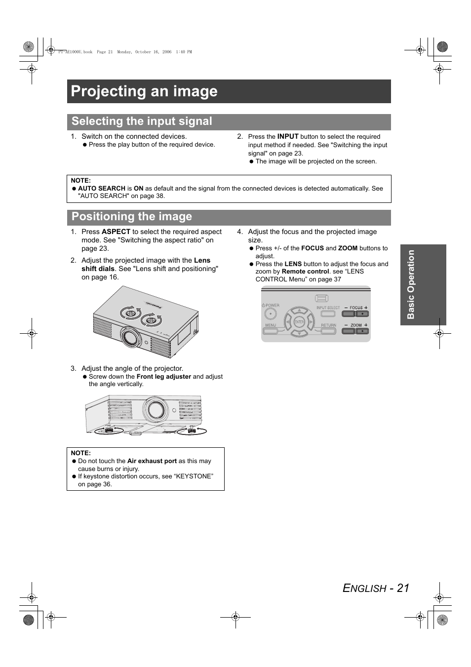 Projecting an image, Selecting the input signal, Positioning the image | Nglish | Panasonic PT-AE1000U User Manual | Page 21 / 56