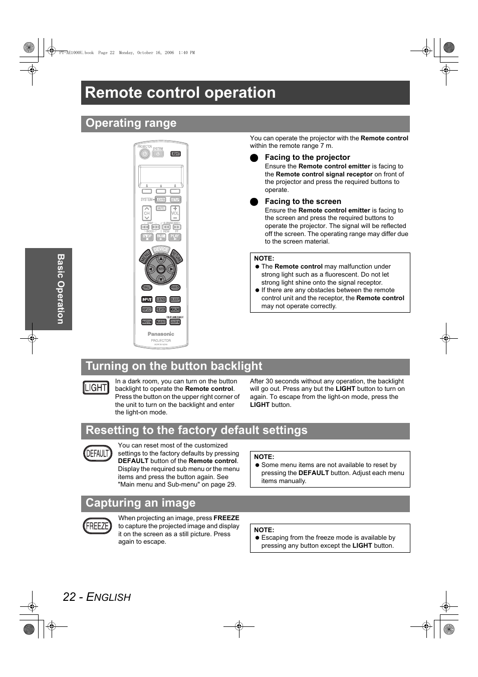 Remote control operation, 22 - e, Operating range | Capturing an image | Panasonic PT-AE1000U User Manual | Page 22 / 56