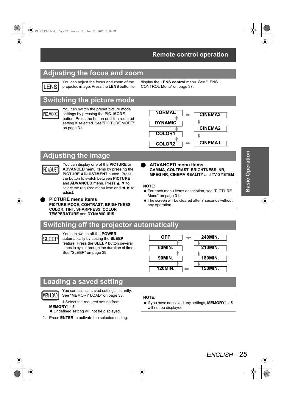 Adjusting the image, Switching off the projector automatically, Loading a saved setting | Remote control operation | Panasonic PT-AE1000U User Manual | Page 25 / 56