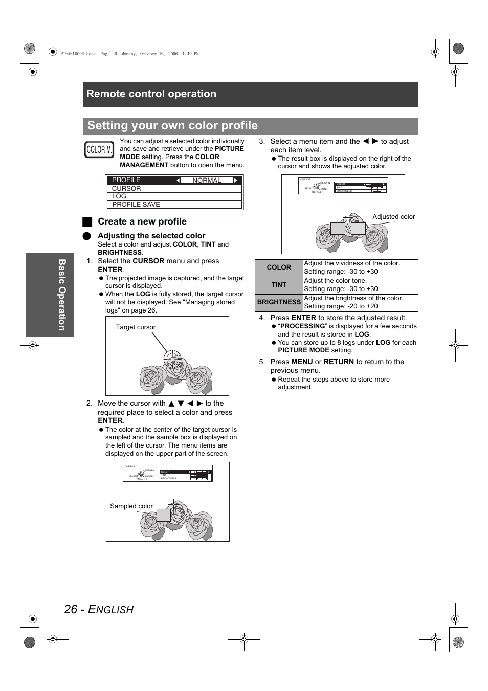 26 - e, Setting your own color profile, Remote control operation | Nglish, Basic op eratio n, Jcreate a new profile | Panasonic PT-AE1000U User Manual | Page 26 / 56