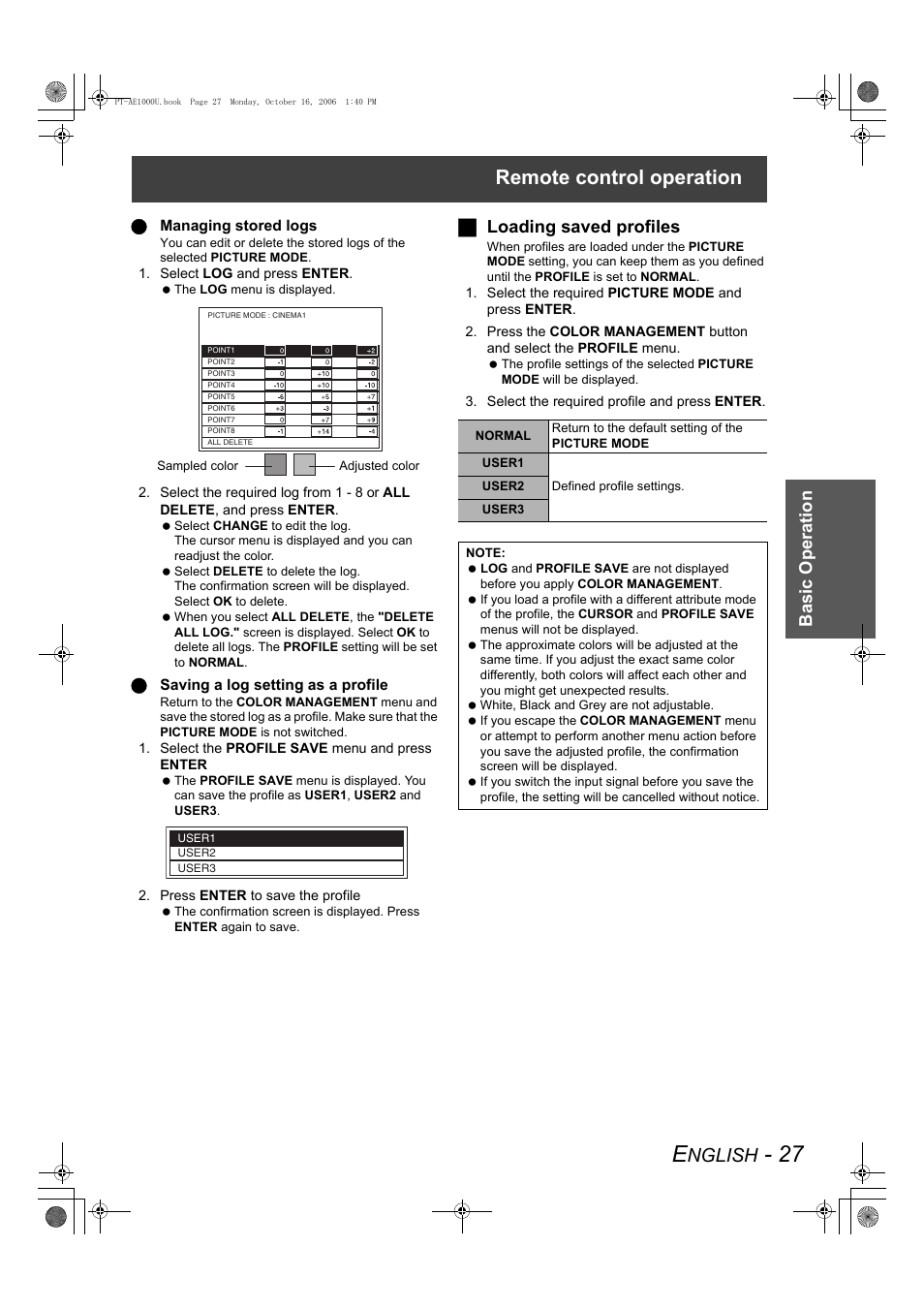 Remote control operation, Nglish, Basic op eratio n | Jloading saved profiles | Panasonic PT-AE1000U User Manual | Page 27 / 56