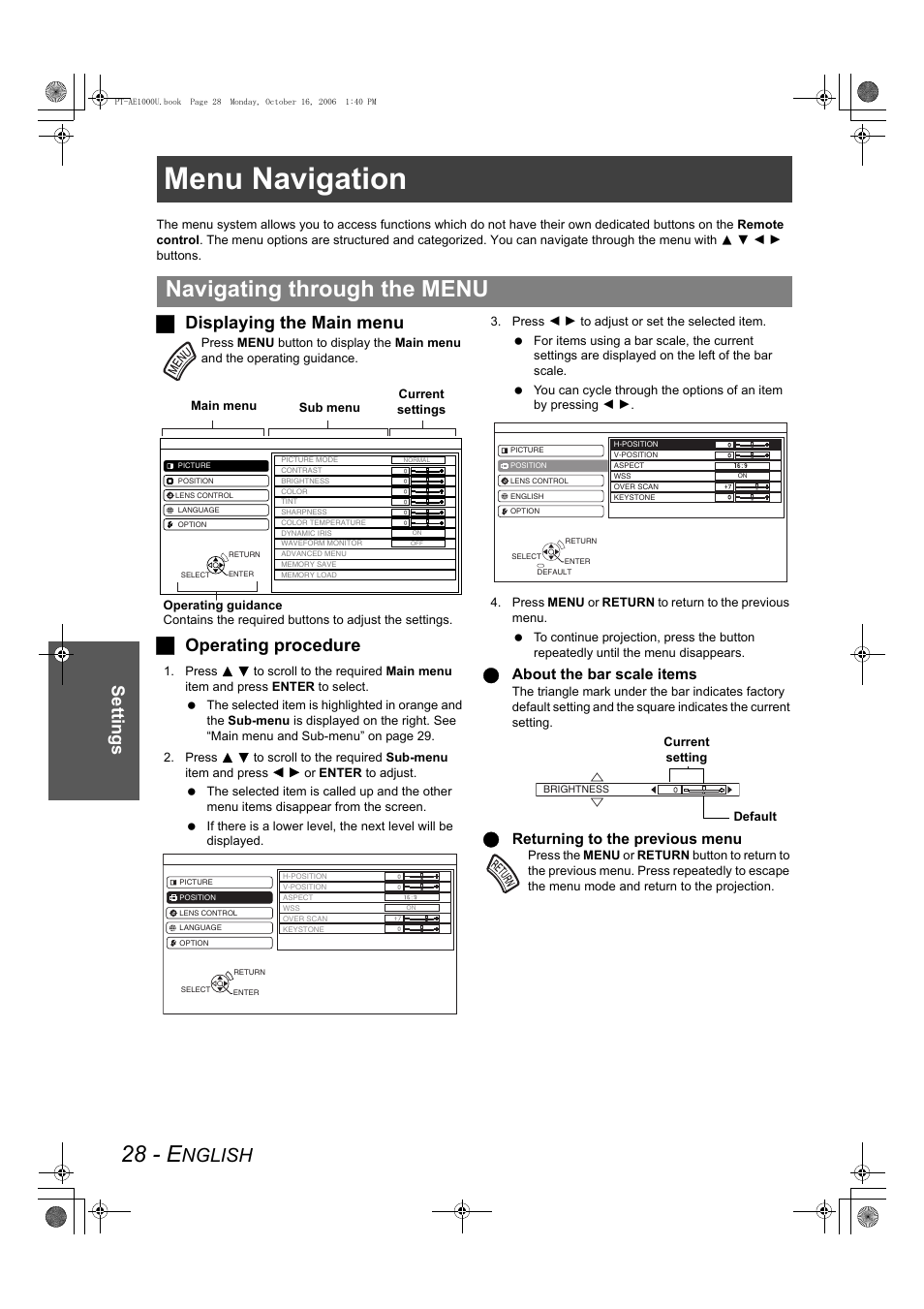 Settings, Menu navigation, 28 - e | Navigating through the menu, Nglish, Jdisplaying the main menu, Joperating procedure, Qabout the bar scale items, Qreturning to the previous menu | Panasonic PT-AE1000U User Manual | Page 28 / 56