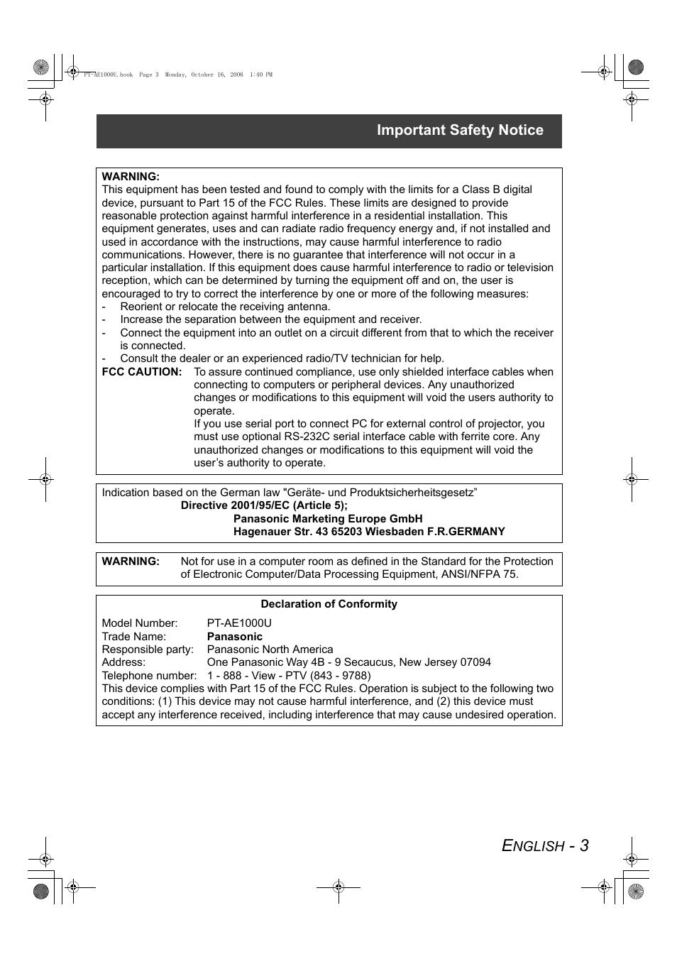 Important safety notice | Panasonic PT-AE1000U User Manual | Page 3 / 56