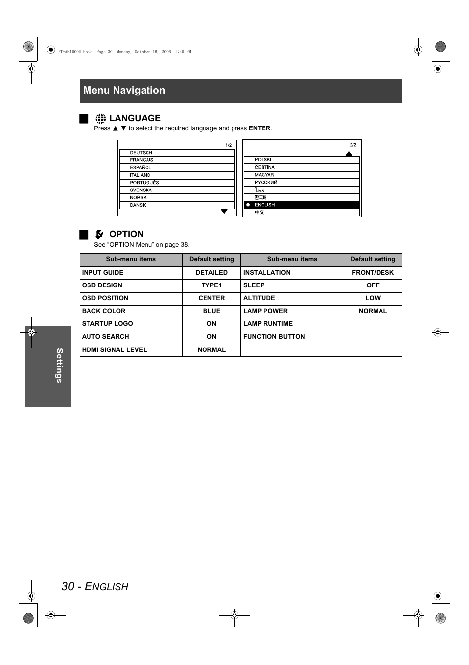 30 - e, Menu navigation, Nglish | Settings j language, Joption | Panasonic PT-AE1000U User Manual | Page 30 / 56