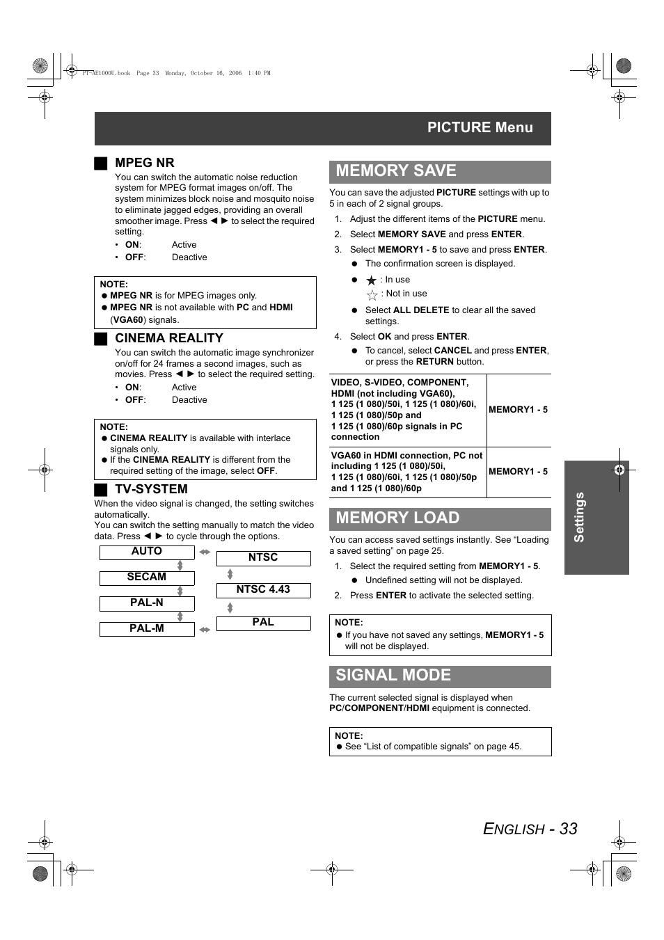 Signal mode, Picture menu, Nglish | Panasonic PT-AE1000U User Manual | Page 33 / 56
