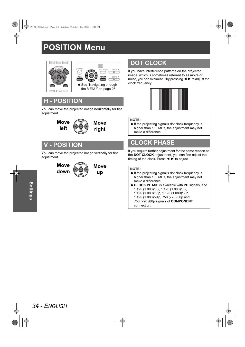 Position menu, 34 - e, H - position v - position | Dot clock, Clock phase | Panasonic PT-AE1000U User Manual | Page 34 / 56