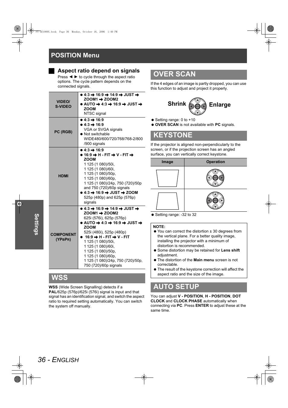 36 - e, Wss over scan keystone, Auto setup | Position menu, Nglish, Enlarge shrink, Settings j aspect ratio depend on signals | Panasonic PT-AE1000U User Manual | Page 36 / 56