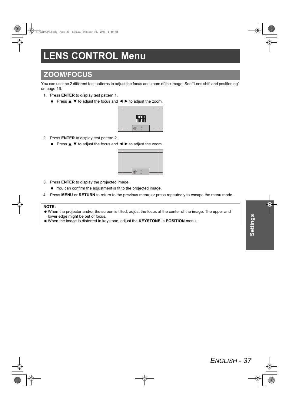 Lens control menu, Zoom/focus, Nglish | Settings | Panasonic PT-AE1000U User Manual | Page 37 / 56
