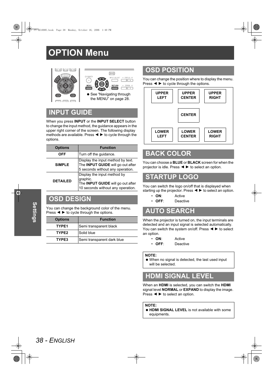 Option menu, 38 - e, Input guide | Osd design, Osd position back color startup logo auto search, Hdmi signal level, Nglish | Panasonic PT-AE1000U User Manual | Page 38 / 56