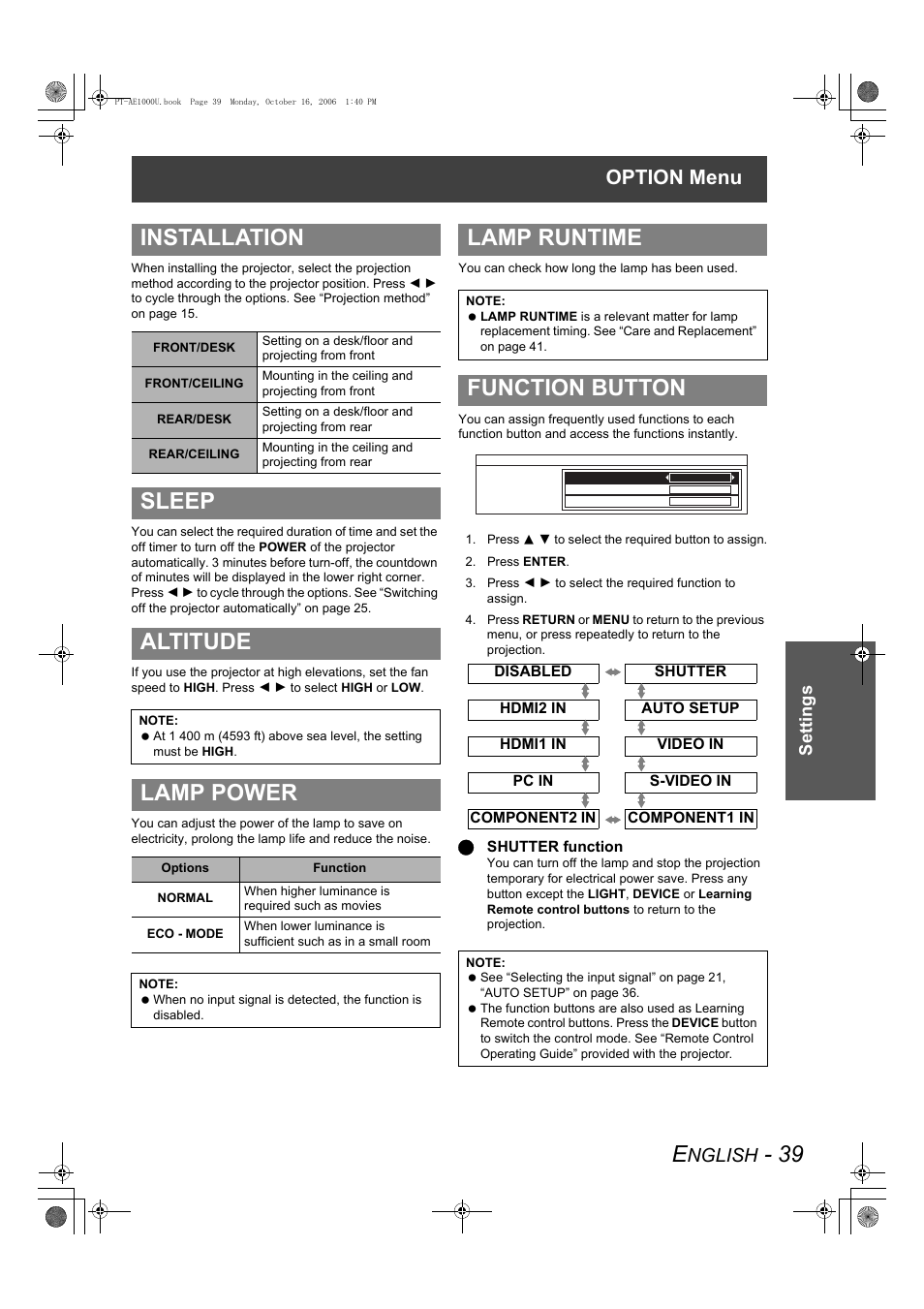 Installation, Sleep altitude, Lamp power | Lamp runtime, Function button, Option menu, Nglish, Settings | Panasonic PT-AE1000U User Manual | Page 39 / 56