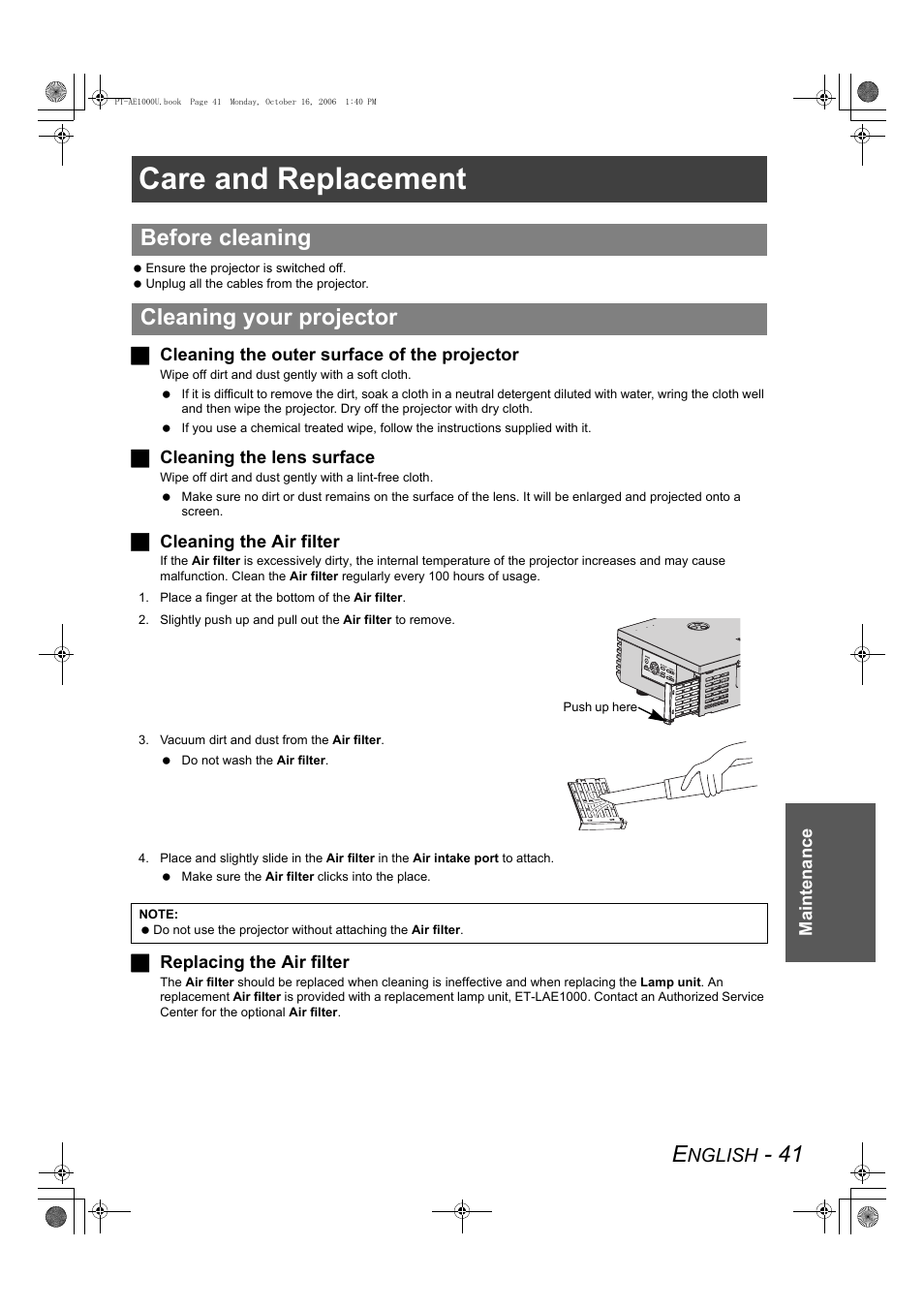 Care and replacement, Before cleaning cleaning your projector | Panasonic PT-AE1000U User Manual | Page 41 / 56