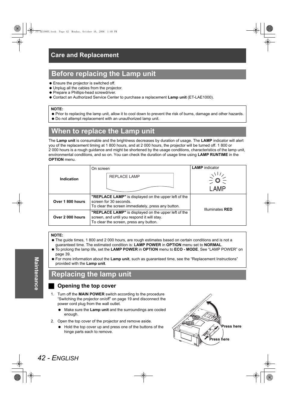 42 - e, Before replacing the lamp unit, When to replace the lamp unit | Replacing the lamp unit, Care and replacement, Nglish, Maintenance, Jopening the top cover | Panasonic PT-AE1000U User Manual | Page 42 / 56