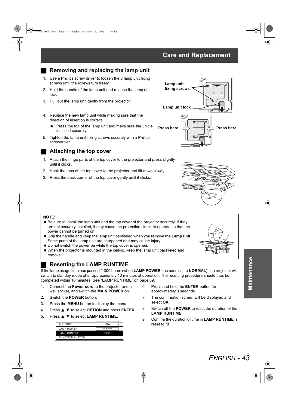 Care and replacement, Nglish, Jattaching the top cover | Jresetting the lamp runtime | Panasonic PT-AE1000U User Manual | Page 43 / 56