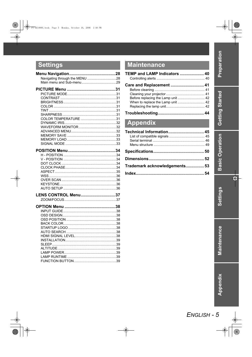 Settings maintenance appendix | Panasonic PT-AE1000U User Manual | Page 5 / 56