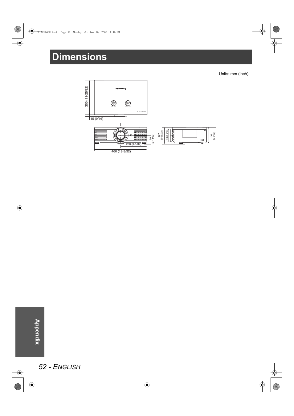 Dimensions, 52 - e, Nglish | Appendix | Panasonic PT-AE1000U User Manual | Page 52 / 56