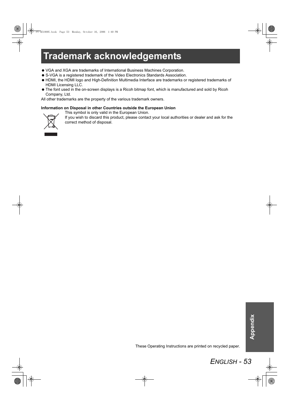 Trademark acknowledgements, Nglish | Panasonic PT-AE1000U User Manual | Page 53 / 56