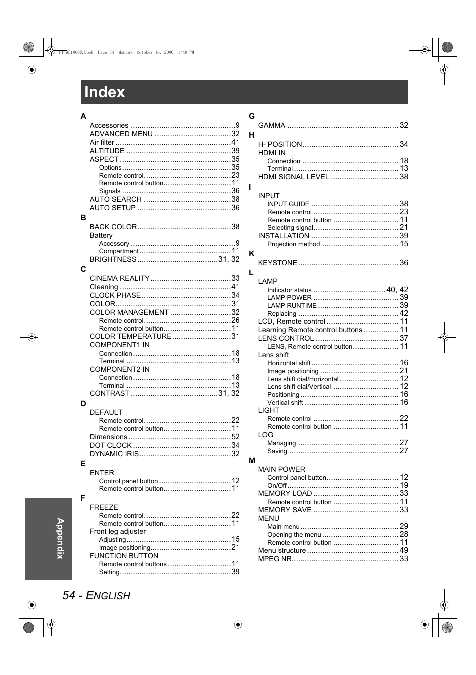 Index, 54 - e, Nglish | Appendix | Panasonic PT-AE1000U User Manual | Page 54 / 56