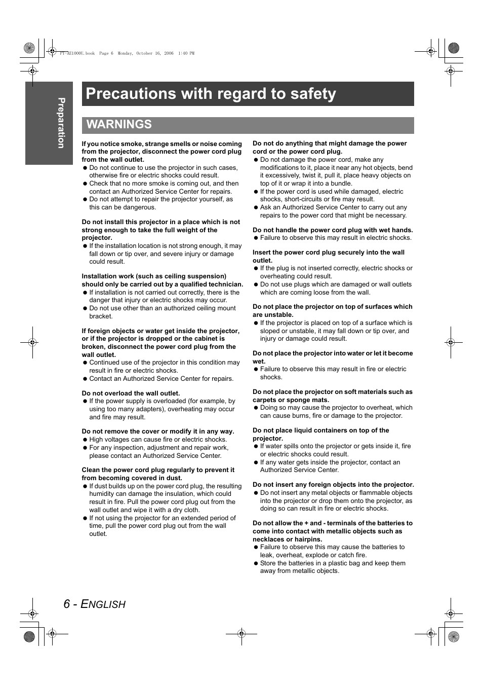 Preparation, Precautions with regard to safety, 6 - e | Warnings, Nglish | Panasonic PT-AE1000U User Manual | Page 6 / 56
