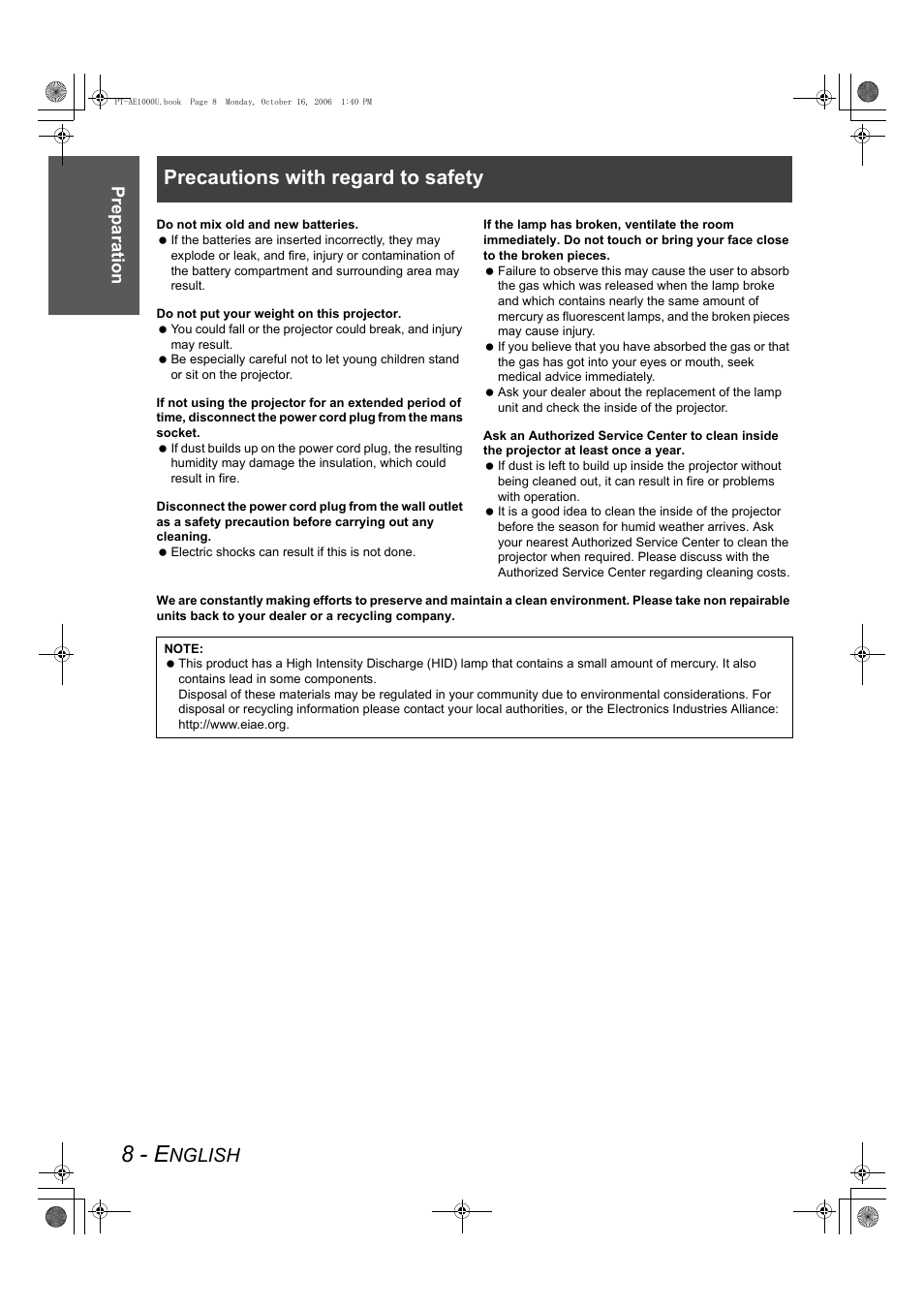 8 - e, Precautions with regard to safety, Nglish | Preparation | Panasonic PT-AE1000U User Manual | Page 8 / 56