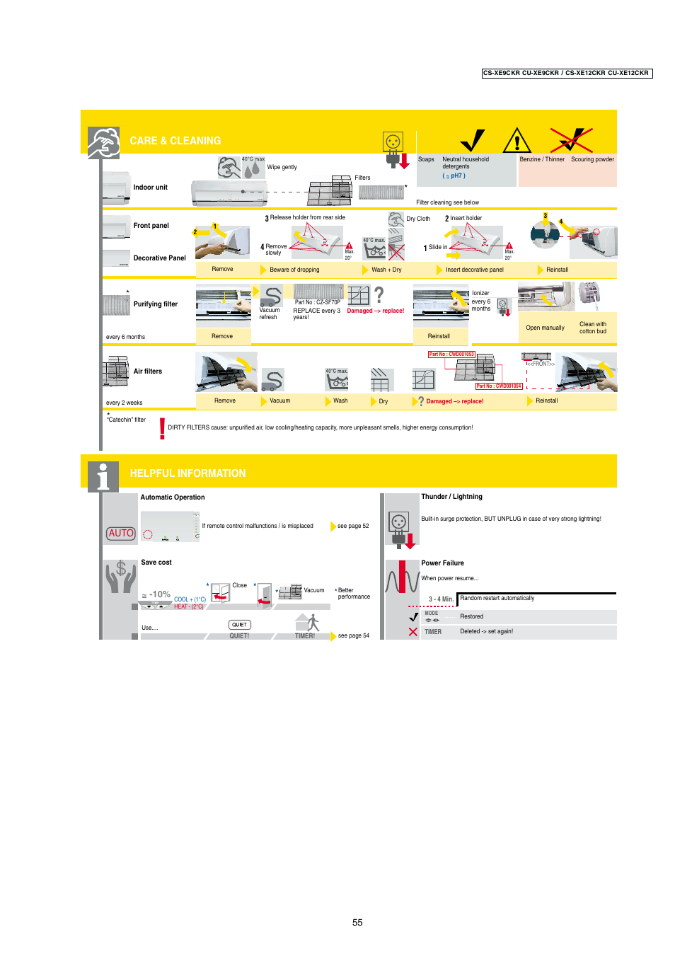 Helpful information care & cleaning, Auto | Panasonic CU-XE12CKR User Manual | Page 4 / 8