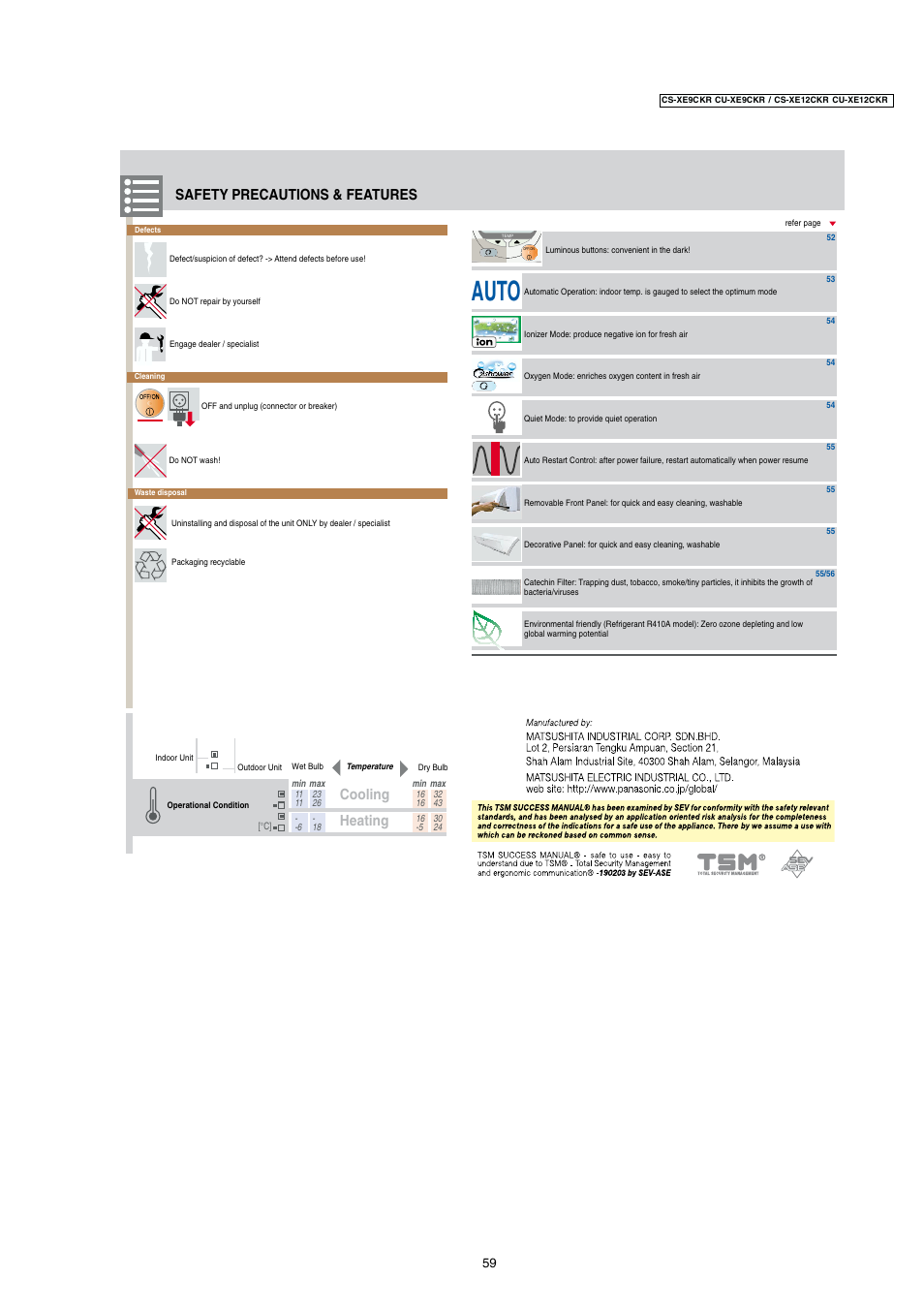 Auto, Cooling heating, Safety precautions & features | Panasonic CU-XE12CKR User Manual | Page 8 / 8