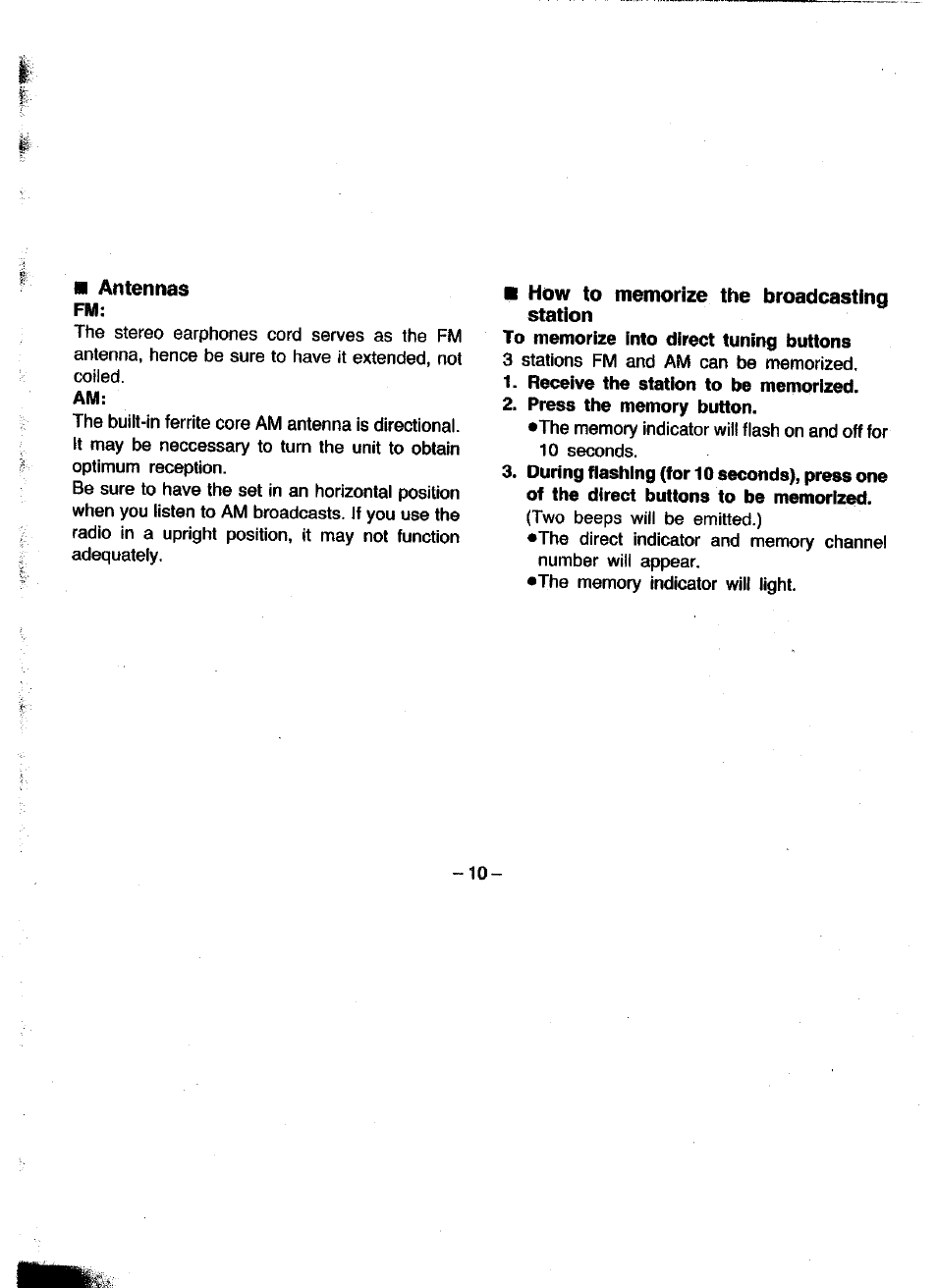 M antennas fm, How to memorize the broadcasting station, Antennas | Panasonic RQ-V180 User Manual | Page 10 / 15