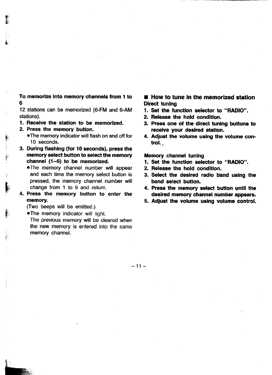 How to tune in the memorized station | Panasonic RQ-V180 User Manual | Page 11 / 15