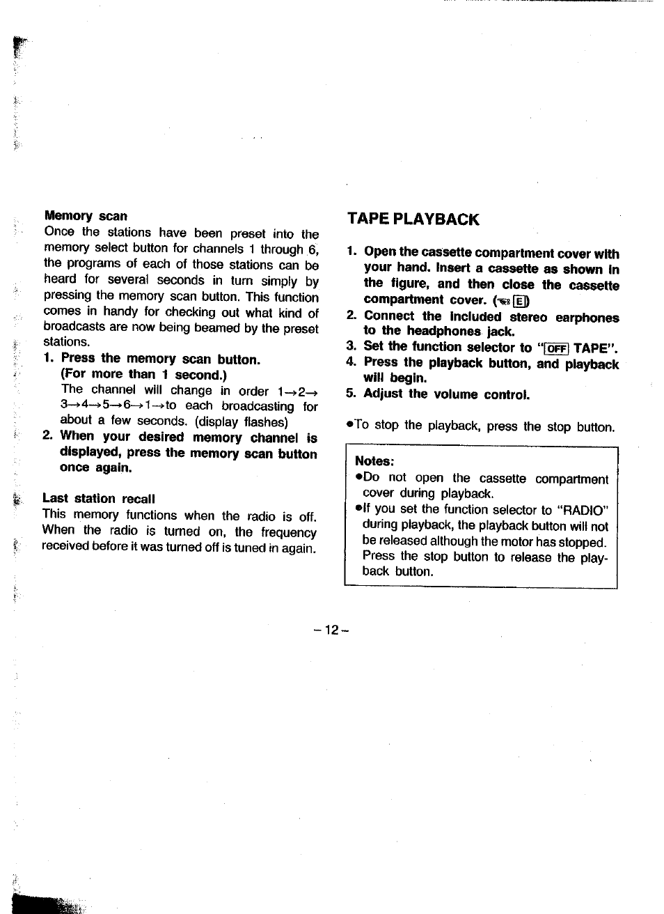 Memory scan, Press the memory scan button, Last station recall | Set the function selector to “iof^ tape, Press the playback button, and playback will begin, Adjust the volume control, Tape playback | Panasonic RQ-V180 User Manual | Page 12 / 15