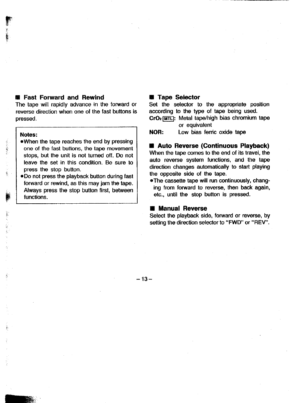 S fast forward and rewind, H tape selector, M auto reverse (continuous playback) | N manual reverse, Fast forward and rewind, Auto reverse (continuous playback) | Panasonic RQ-V180 User Manual | Page 13 / 15