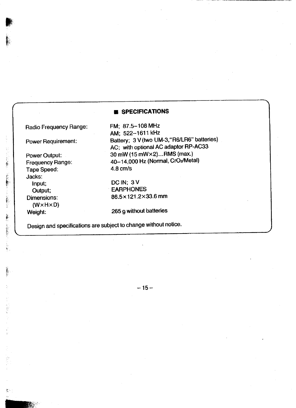 Panasonic RQ-V180 User Manual | Page 15 / 15