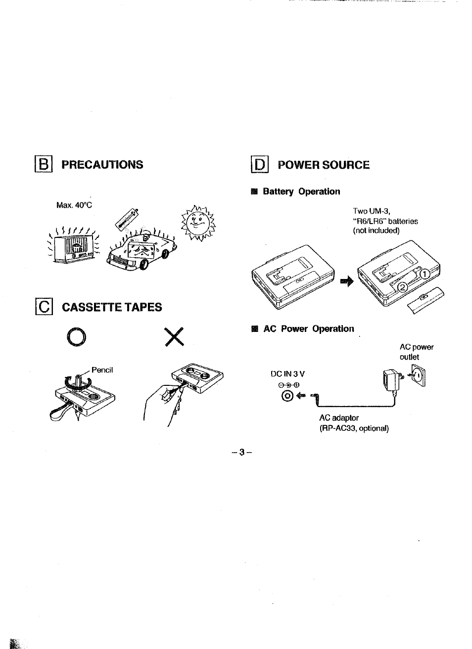 B battery operation | Panasonic RQ-V180 User Manual | Page 3 / 15