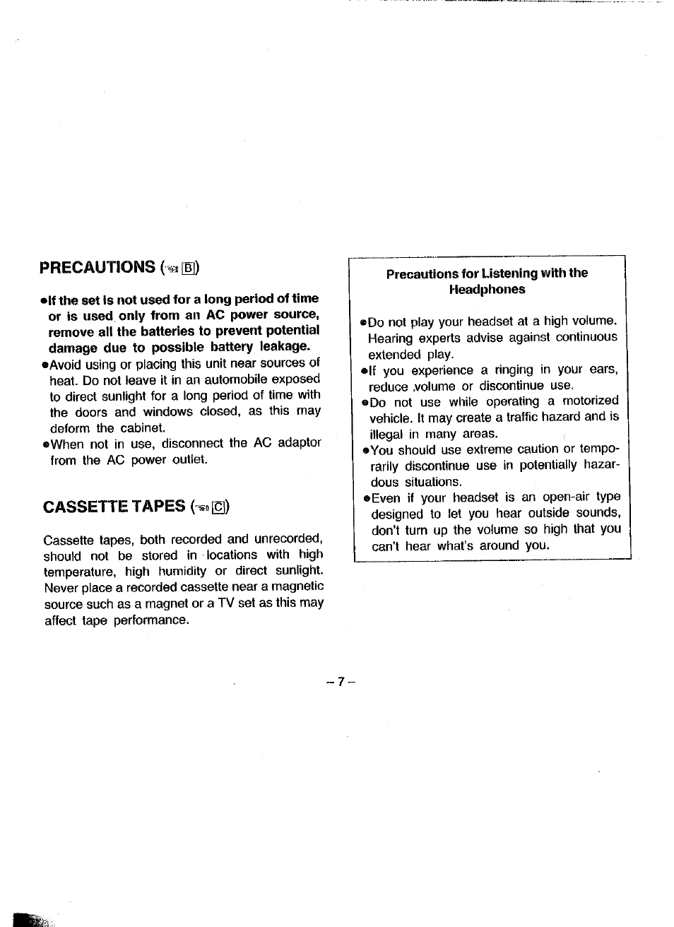 Precautions {mm), Cassette tapes (mm), Precautions | Cassette tapes | Panasonic RQ-V180 User Manual | Page 7 / 15