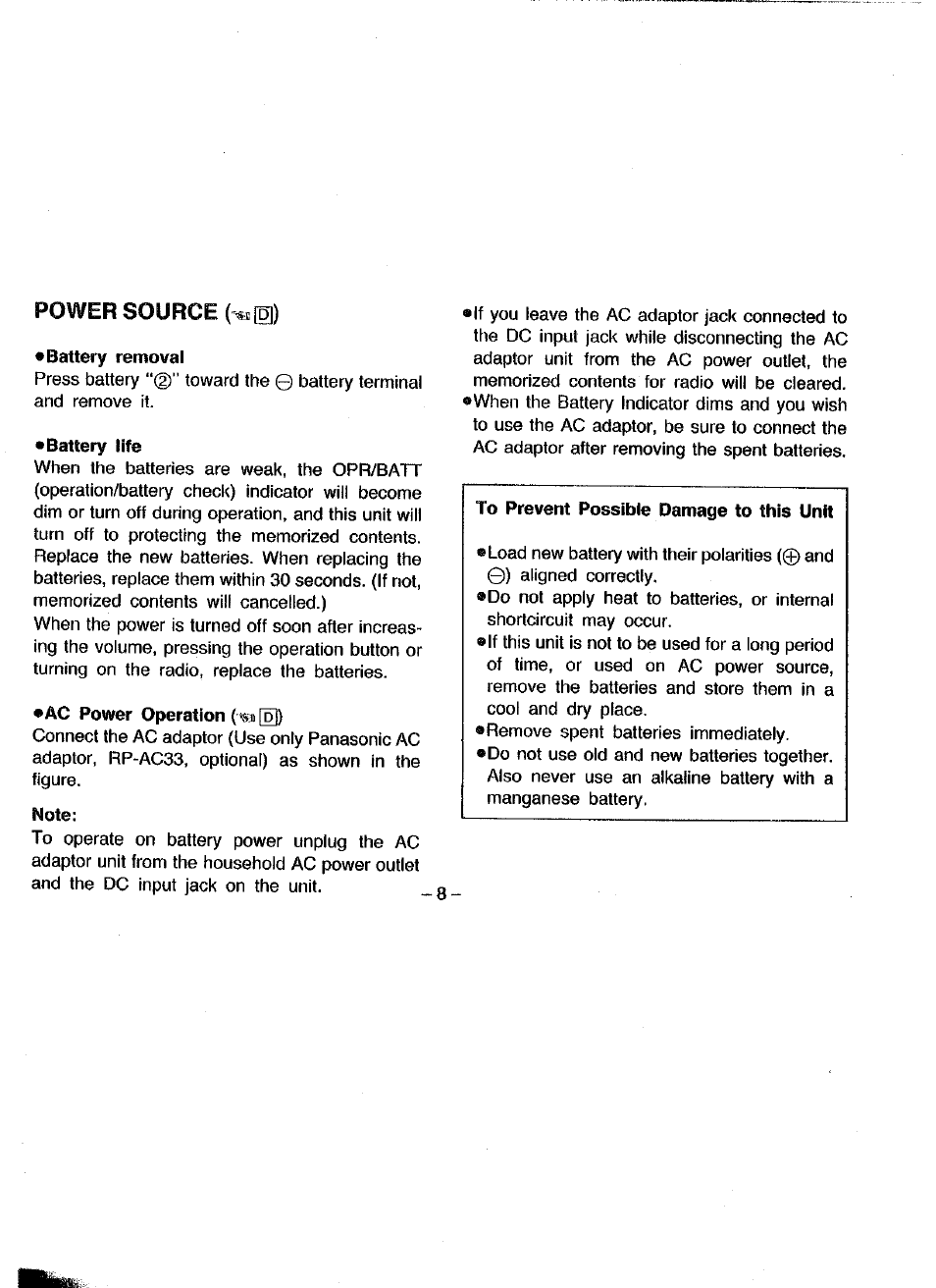 Power source (^^0), Battery removal, Battery life | Ac power operation {m 0), Note | Panasonic RQ-V180 User Manual | Page 8 / 15