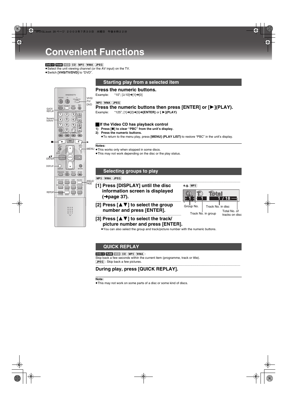 Convenient functions, Ge 27, 28), Press the numeric buttons | During play, press [quick replay, ª if the video cd has playback control | Panasonic NV-VP31 User Manual | Page 28 / 52