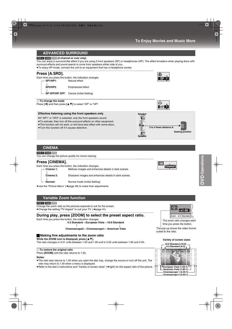 Advanced surround cinema variable zoom function, The advance, Dv d | Operations, Press [a.srd, Press [cinema, Advanced surround, Cinema, Variable zoom function | Panasonic NV-VP31 User Manual | Page 35 / 52