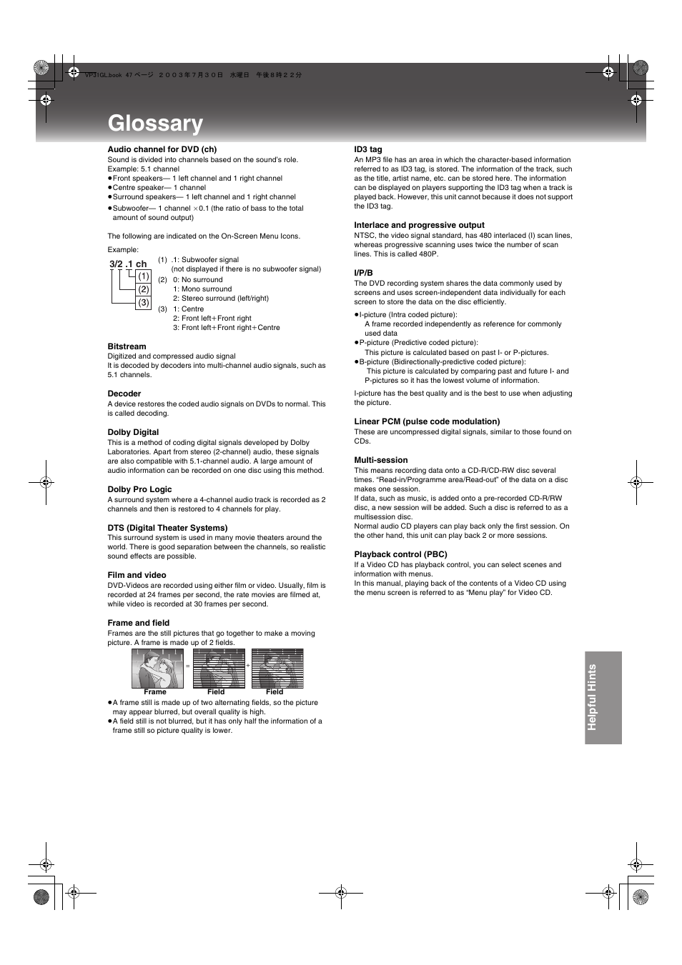 Glossary, Hat output f, Rminals on | Picture dat, Is not finali, Lume of the fr, O change t, Onversion for pr, Helpful hints | Panasonic NV-VP31 User Manual | Page 47 / 52
