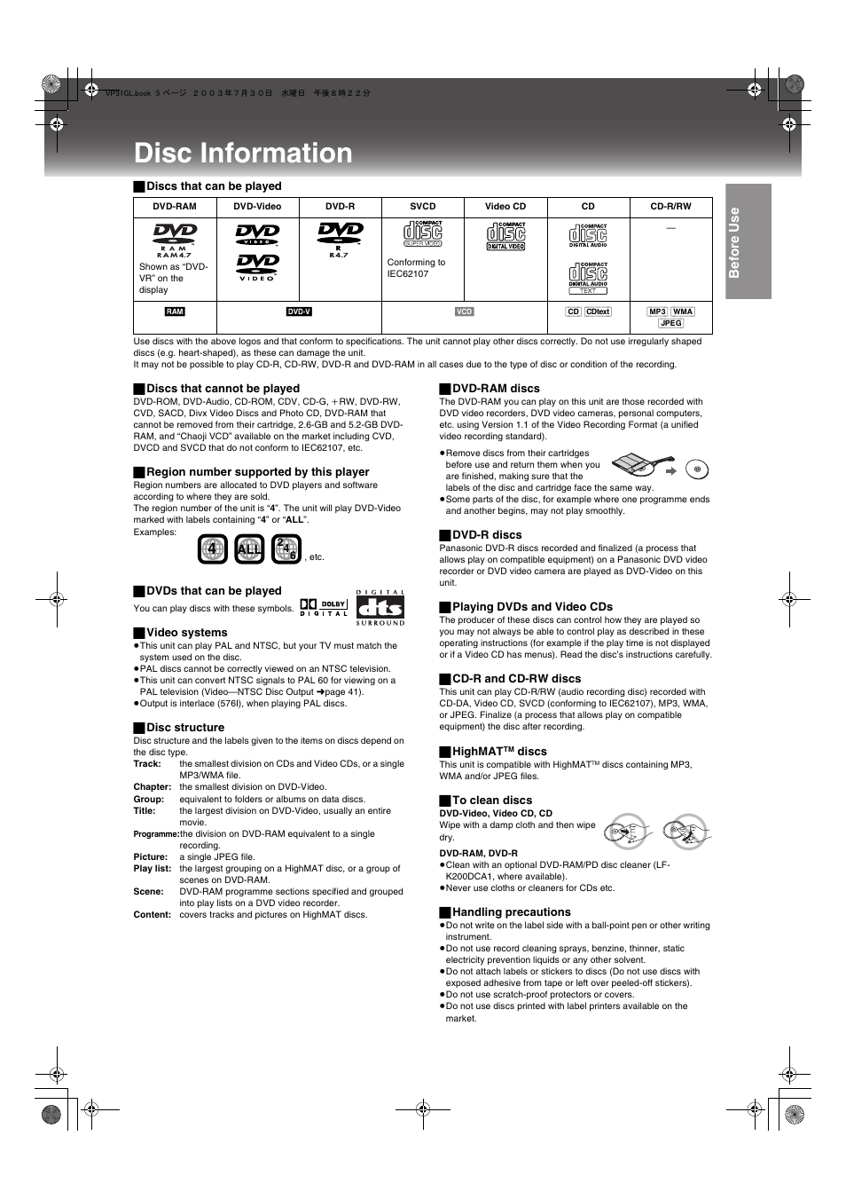 Disc information, Bef ore use | Panasonic NV-VP31 User Manual | Page 5 / 52