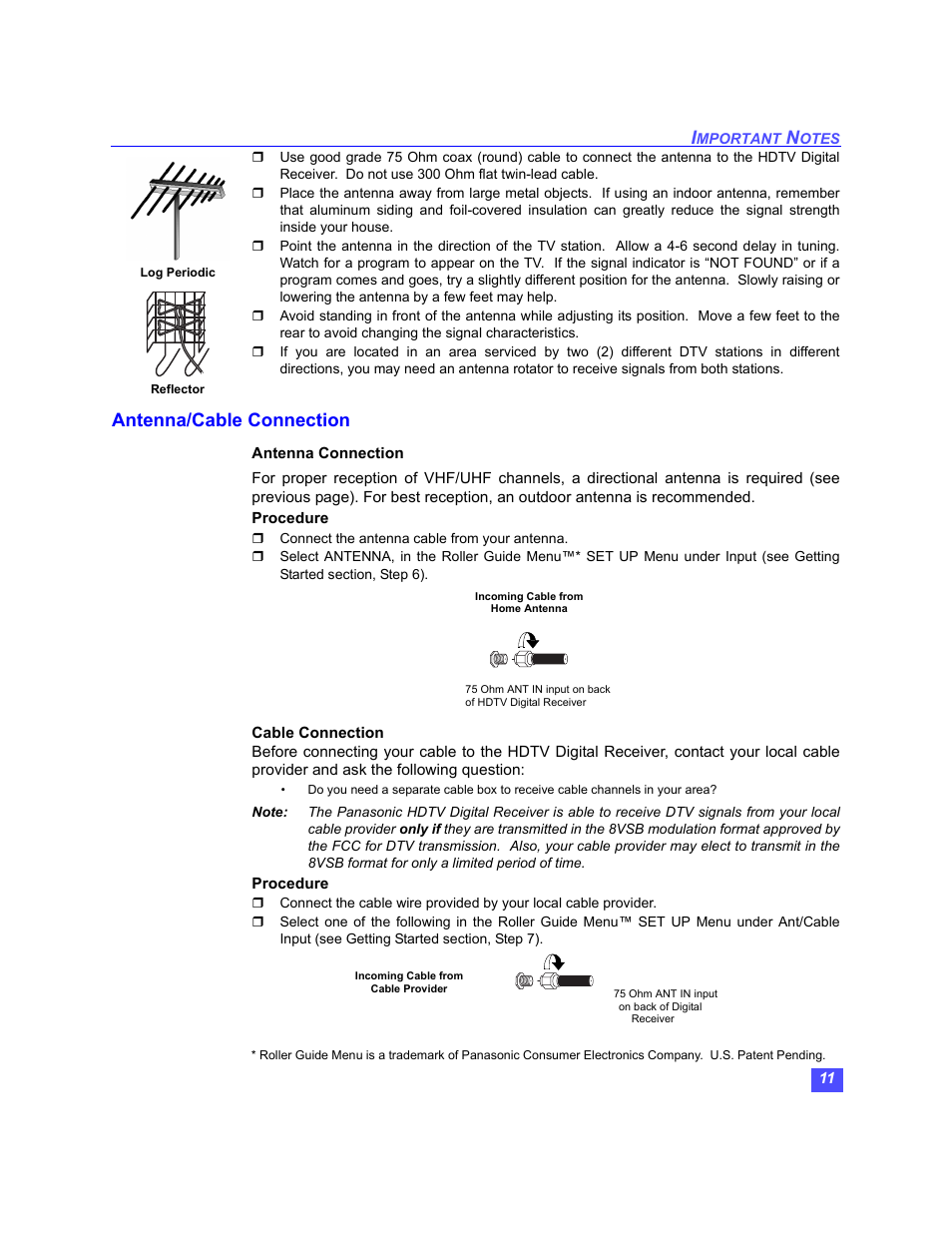 Antenna/cable connection | Panasonic TU-HDS20 User Manual | Page 12 / 101