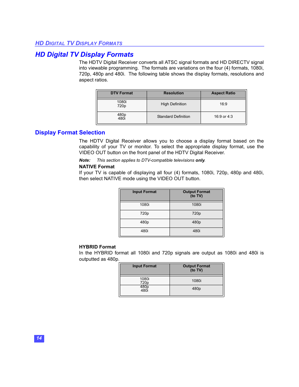 Hd digital tv display formats, Hd d, Tv d | Display format selection | Panasonic TU-HDS20 User Manual | Page 15 / 101