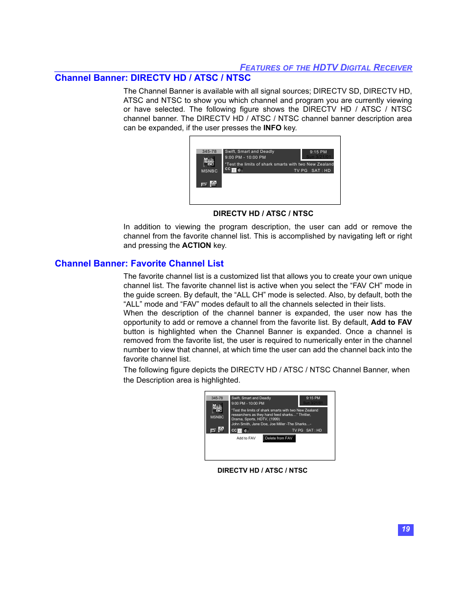 Hdtv d, Channel banner: directv hd / atsc / ntsc, Channel banner: favorite channel list | Directv hd / atsc / ntsc | Panasonic TU-HDS20 User Manual | Page 20 / 101