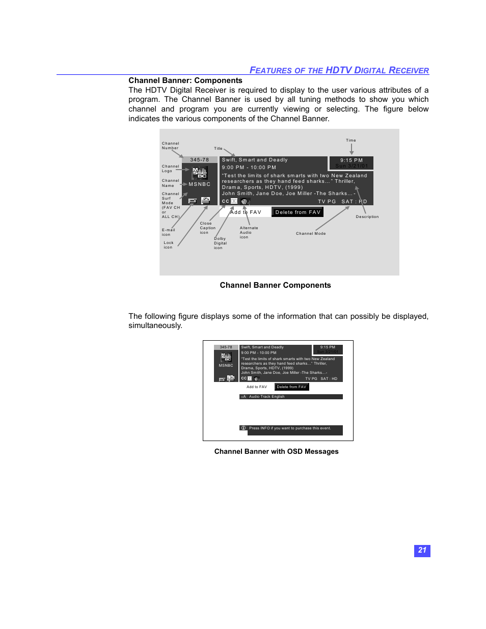 Hdtv d, Channel banner components, Eatures | Igital, Eceiver, Channel banner with osd messages | Panasonic TU-HDS20 User Manual | Page 22 / 101