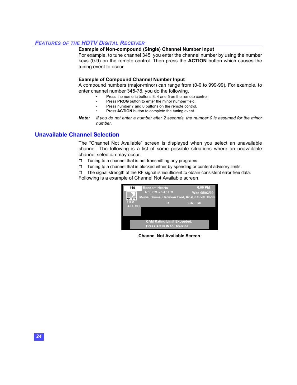 Hdtv d, Unavailable channel selection | Panasonic TU-HDS20 User Manual | Page 25 / 101