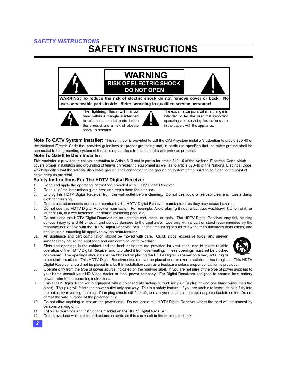 Safety instructions, Risk of electric shock do not open | Panasonic TU-HDS20 User Manual | Page 3 / 101
