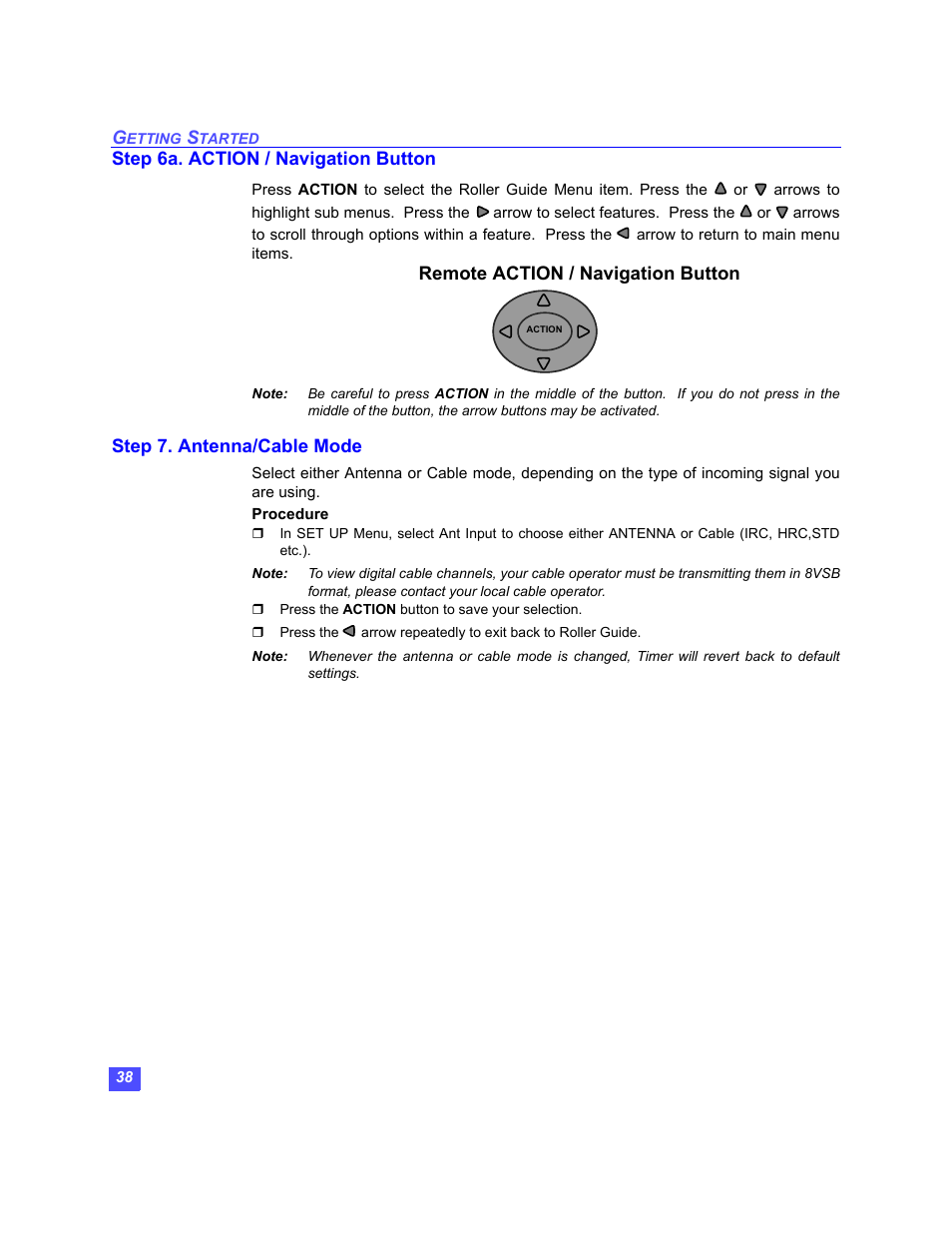 Step 6a. action / navigation button, Remote action / navigation button, Step 7. antenna/cable mode | Panasonic TU-HDS20 User Manual | Page 39 / 101