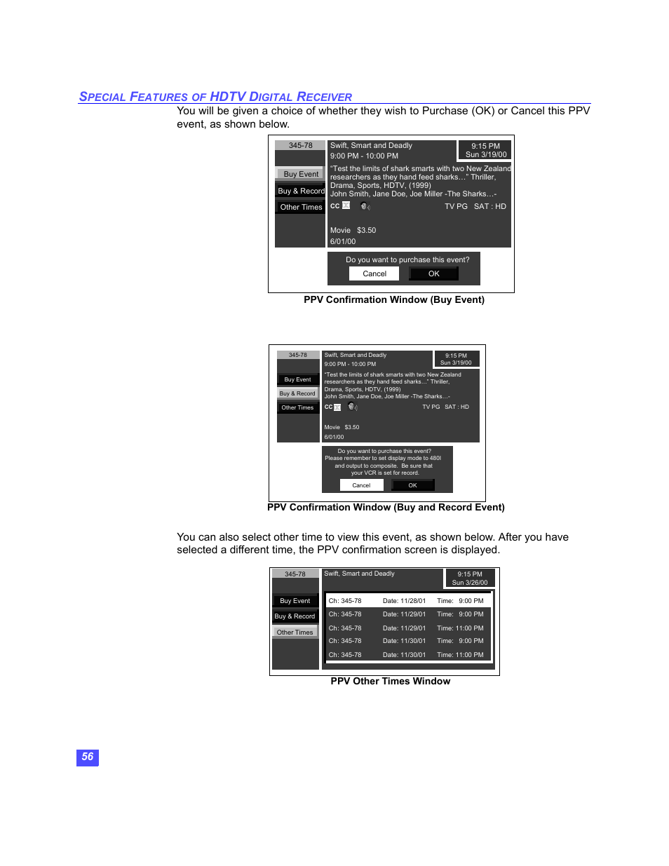 Hdtv d, Pecial, Eatures | Igital, Eceiver, Ppv confirmation window (buy event), Ppv confirmation window (buy and record event), Ppv other times window | Panasonic TU-HDS20 User Manual | Page 57 / 101
