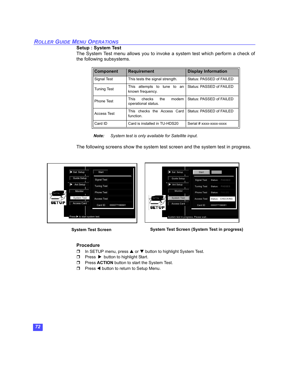 Oller, Uide, Perations | System test screen, System test screen (system test in progress) | Panasonic TU-HDS20 User Manual | Page 73 / 101